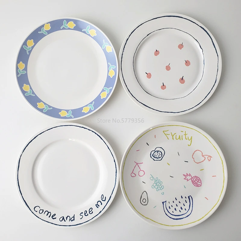 

8 Inch Lovely Ceramic Plate Dessert Plate Ceramic Breakfast Cake Dessert Flower Fruit Letters Pattern Dish Home Decorations