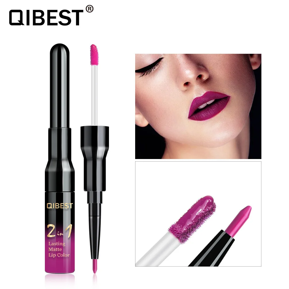 

Hot Selling Qibest Combo Lip Gloss Makeup LipLiner Matte Nonstick Cup Liquid Lipstick Double Head Cosmetic Gift for Women