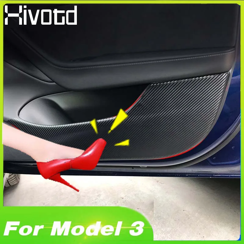 Hivotd For Tesla model 3 Carbon fiber Car Inner Door Anti-kick Pad Protection Film Stickers Anti-wear Mat interior Accessories | Автомобили