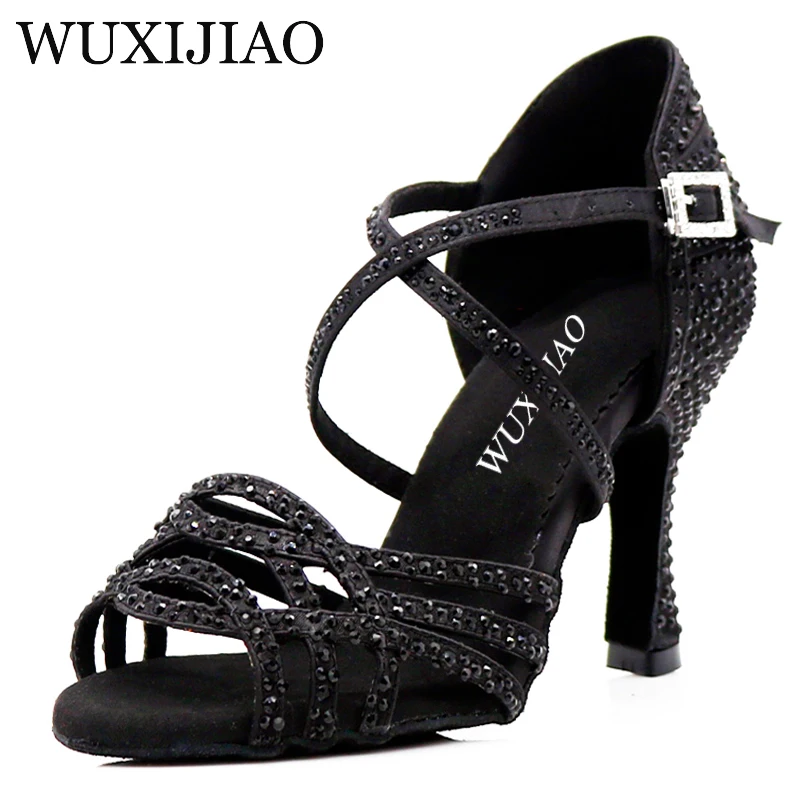 WUXIJIAO Latin black Rhinestone Dance Shoes Women Salas Ballroom Shoes  Cuba Heel 8.5cm Waltz Software Hot Sale dance Shoes