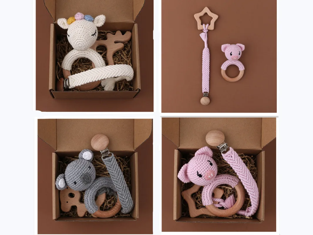 

3PCS Pink pig Handmade Crochet Baby Rattle Toys Animal Beech Wooden Teething Ring Teether Pacifier Chain Clips Set Newborn Gifts