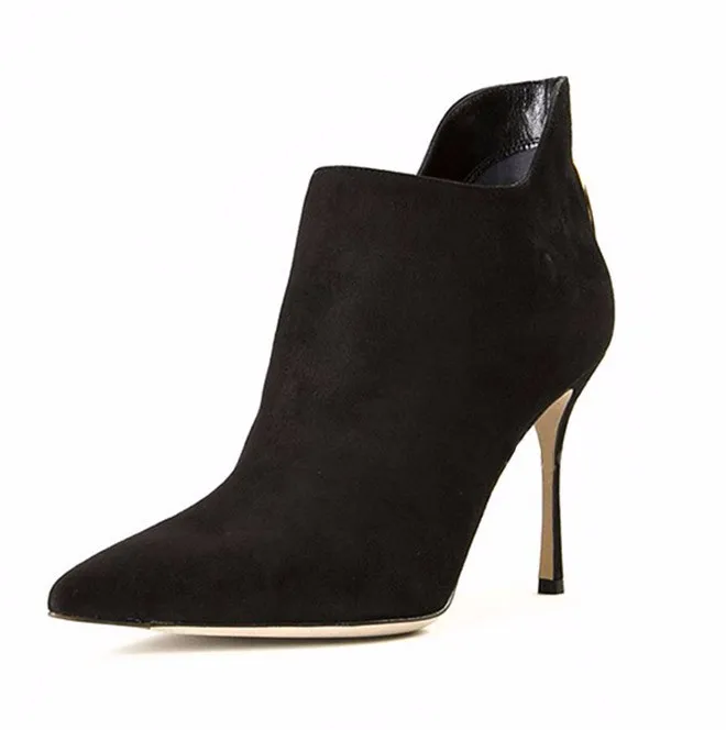 Ladies' Black Velvet Ankle Boots with Thin High Heel and Pointed Toe Woman Fashion Short Boots