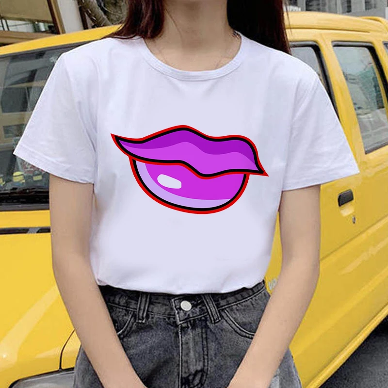 

T-shirts Women 2021 Red Lips Casual 90s Fashion Trend Printing Clothes Graphic Tshirt Top Lady Print Female Tee
