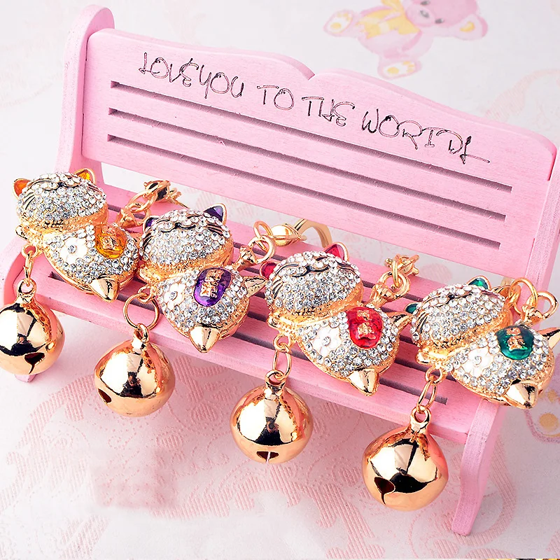 

Cute Crystal Keychain Women's Alloy Big Bell Rhinestone Japanese Lucky Cat Car Key Chain Girl Bag Pendant Jewelry Keyring Animal