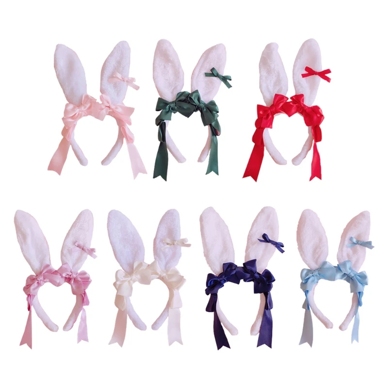 

Japanese Lolita Headband Plush Rabbit Bunny Ears Hair Hoop Sweet Big Bowknot Ribbon Headdress Cosplay Party Bandana A07 21