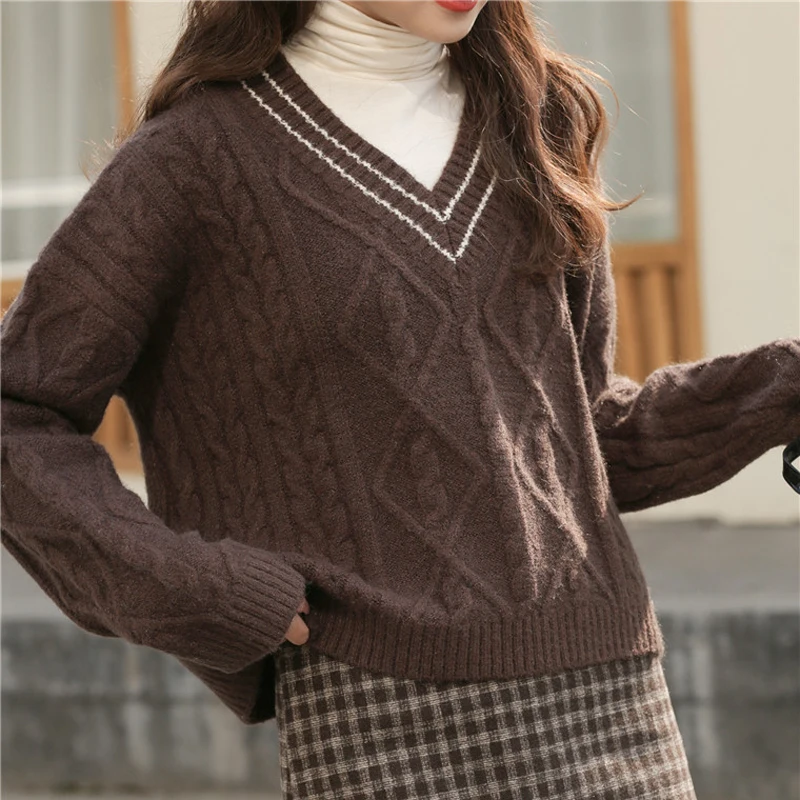 

2021 New Women Sweaters Knitted Female Solid Casual Sweet V-Neck Pullover Loose Elegant Office Lady All Match Tops