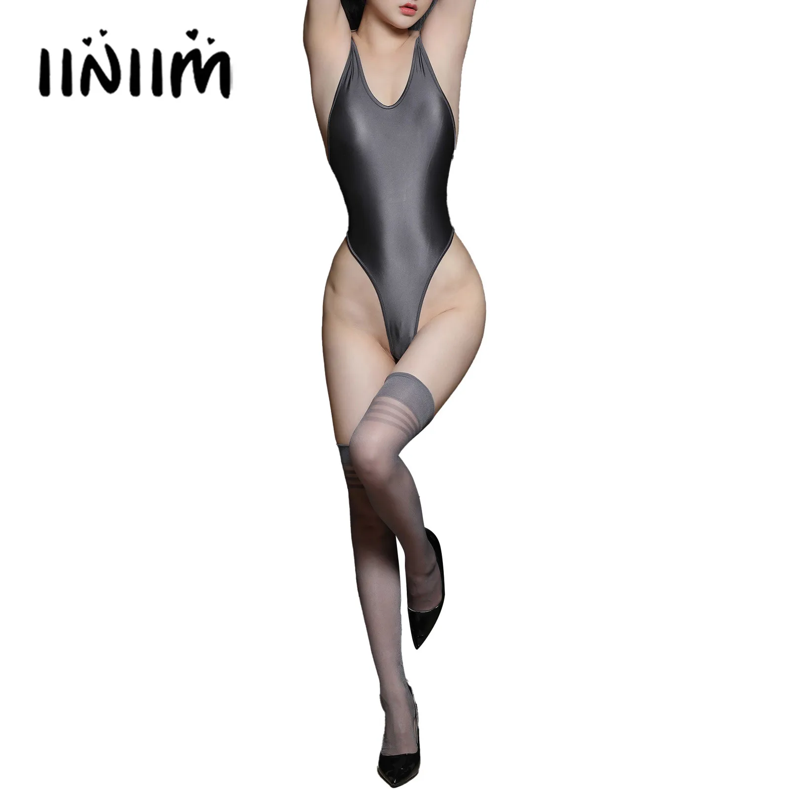 

Womens Lingerie Glossy Bodysuit Scoop Neck Backless Nightwear Swimwear One-piece High Cut Swimsuit with See Through Stockings
