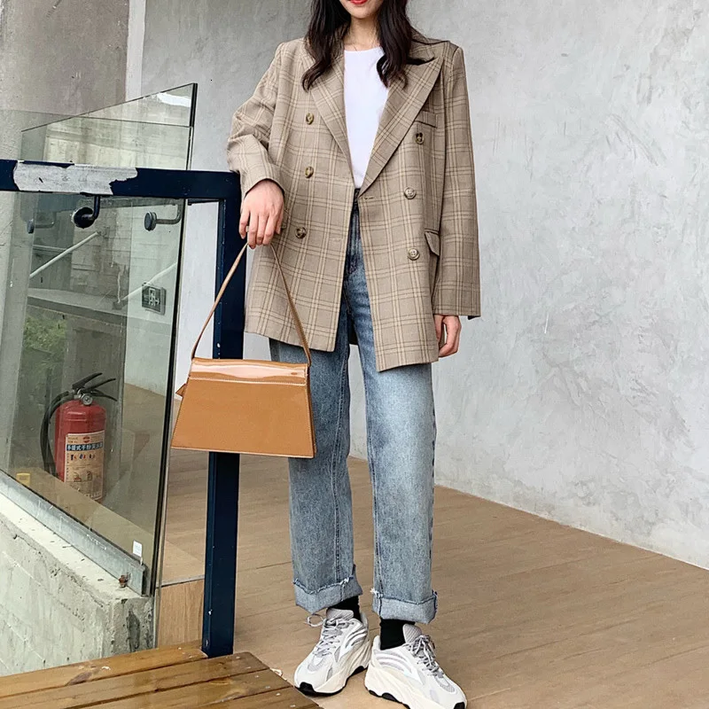 LANMREM хаки клетчатый двубортный женский офисный блейзер с длинным рукавом Женская