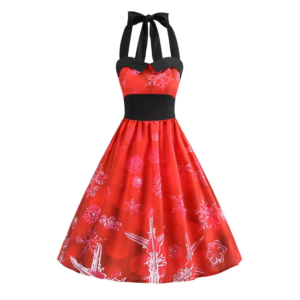 Bikitique с мультяшным принтом лямкой на шее женское рождественское платье Ретро