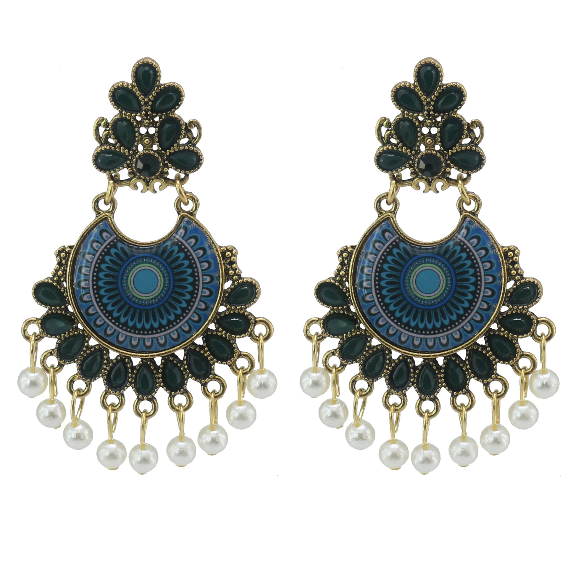 Этнические женские золотые серьги Джхумка в индийском стиле с подвесками из бубенцов, кистями и бижутерией Hippie Tribe Boho.