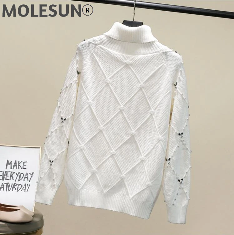 

Водолазка с бисером и стразами, белый свитер для женщин, модель сезона осень-зима 2021 года, пуловер с длинным рукавом и ромбами, базовые Топы