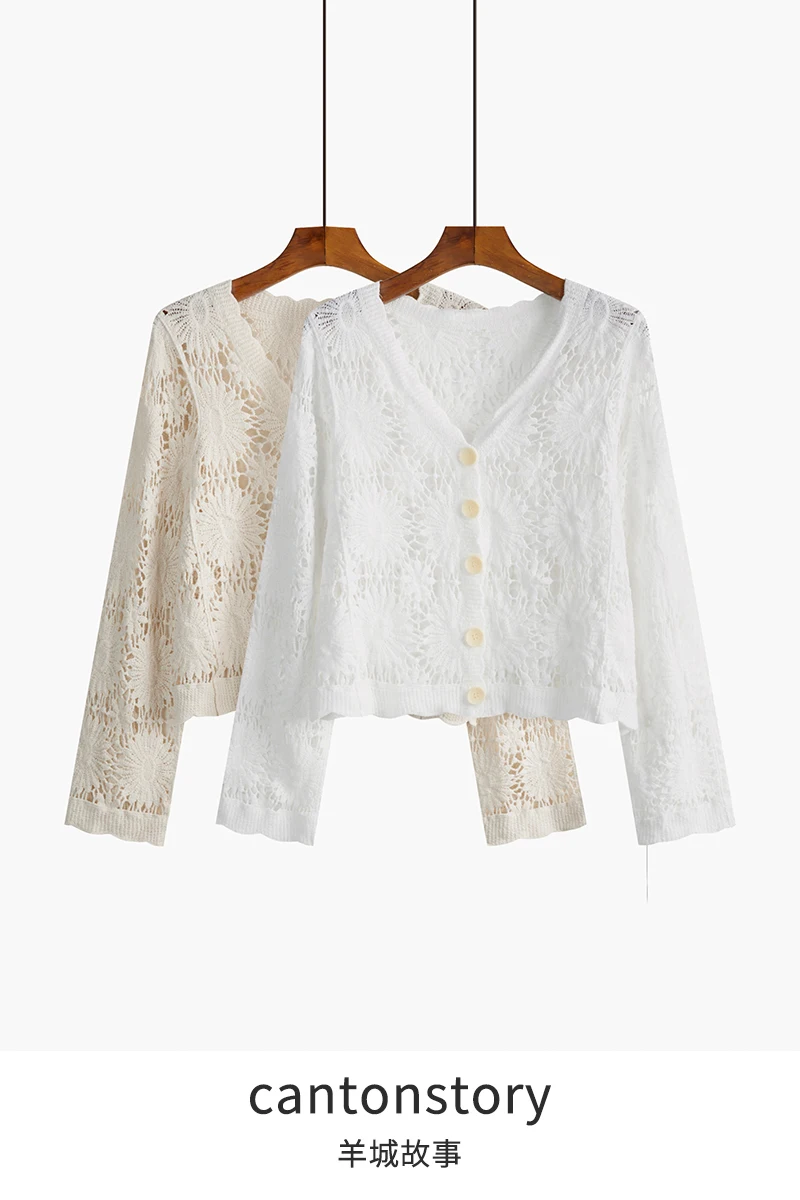 

Hollow Out V-neck Knitted Cardigan for Women Fashion All-match Loose Knitwear 2021 Summer New Thin Short Top Elegant Simple Top