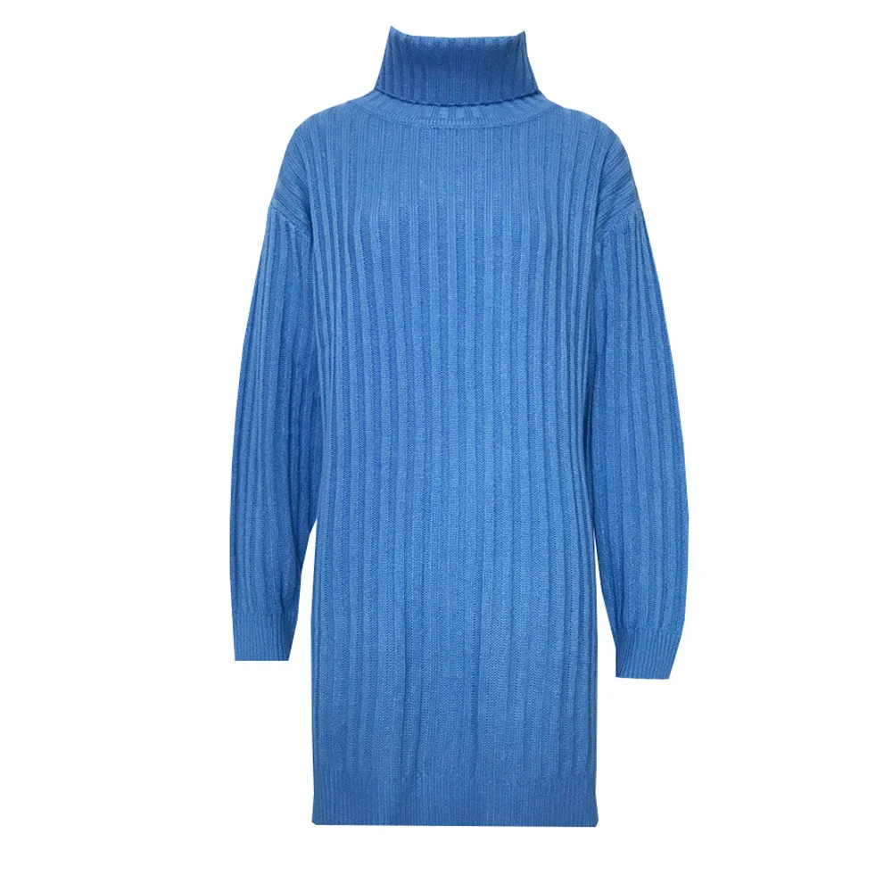 

2019 Winter Knitting Women Dress Fashion Knitting Loose Long Sweater High Collar Autumn Sweater Dress Casual Ribbed Dress