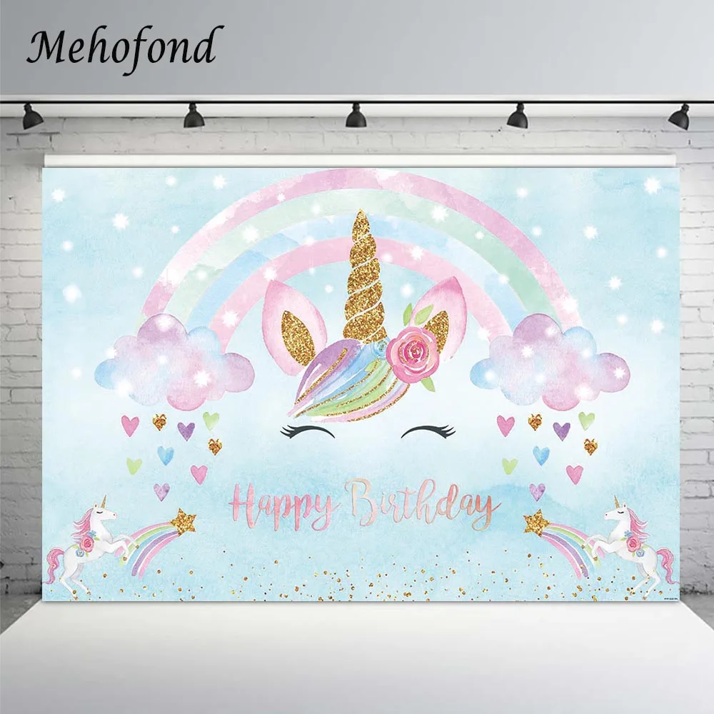 

Mehofond Unicorn Backdrop Birthday Party Banner Rainbow Stars Clouds Baby Shower Photography Background Photocall Photo Studio