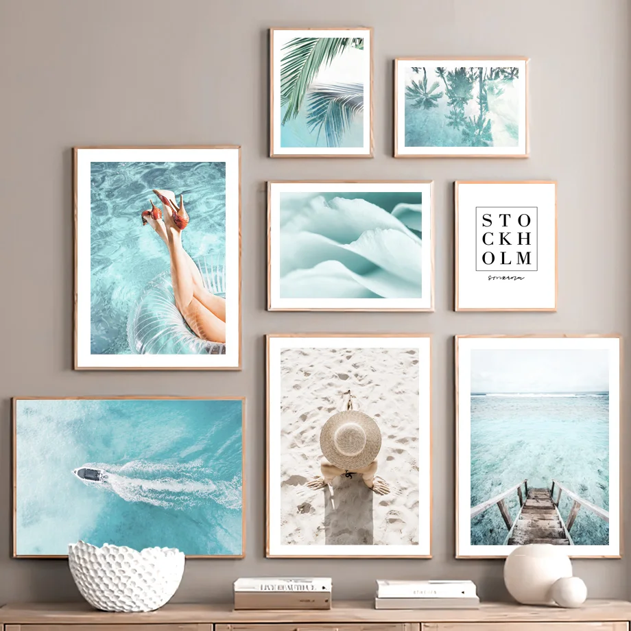 

Blue Beach Motorboat Girl Coconut Palm Leaf Bridge Art Canvas Painting Nordic Posters And Prints Wall Pictures Living Room Decor