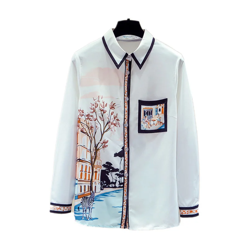 

Women Fall 2021New Fashion Shirt Printed Shirt Female Top Turn-Down Collar Niche Korean Style Loose Chiffon Blouse GX1440