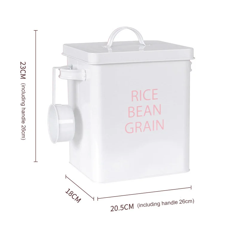 

Pink White Kitchen Tool Rice Metal Storage Tin Box Bathroom Laundry Powder Container Bread Tin With Scoop Dog Food Grain Buckets