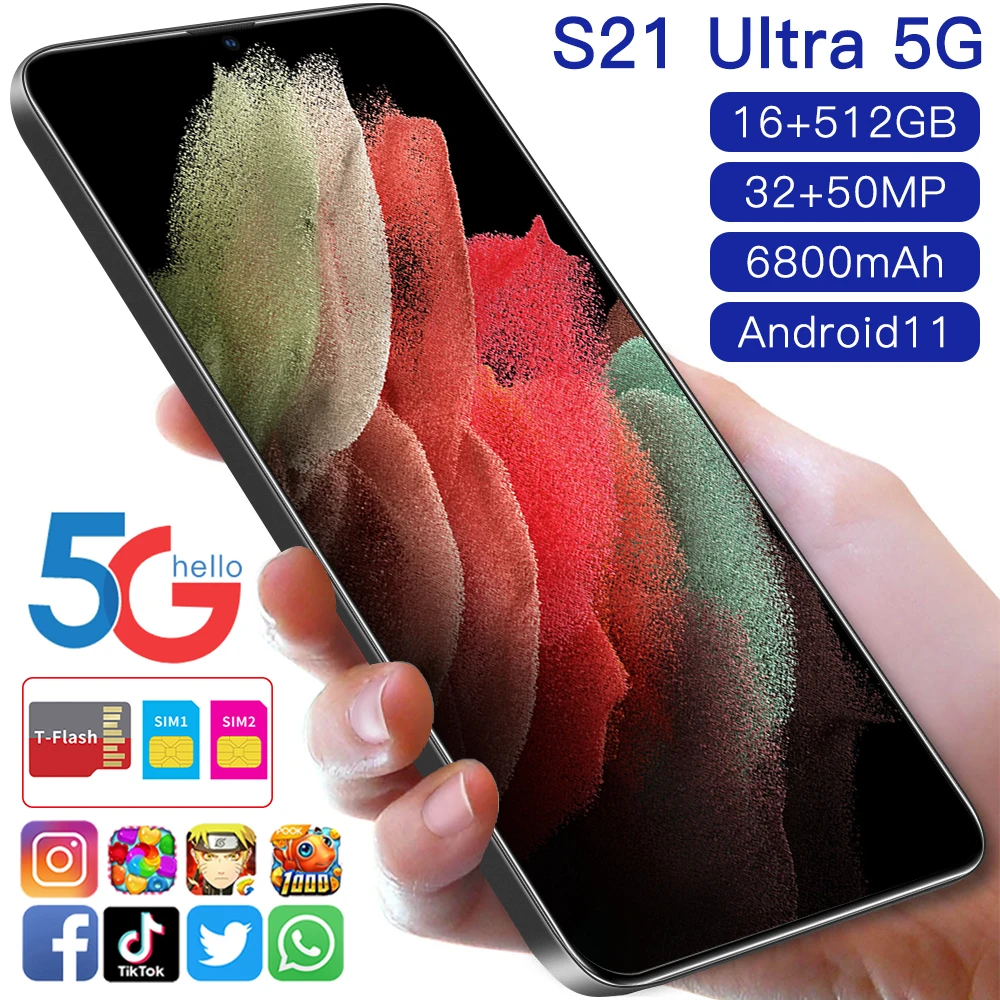 

Smartphone 6.7inch S21 Ultra Andriod11.0 Deca Core Qualcomm888 16GB RAM 512GB ROM Dual SIM 4G LTE 5G 6800mAh MobilePhones