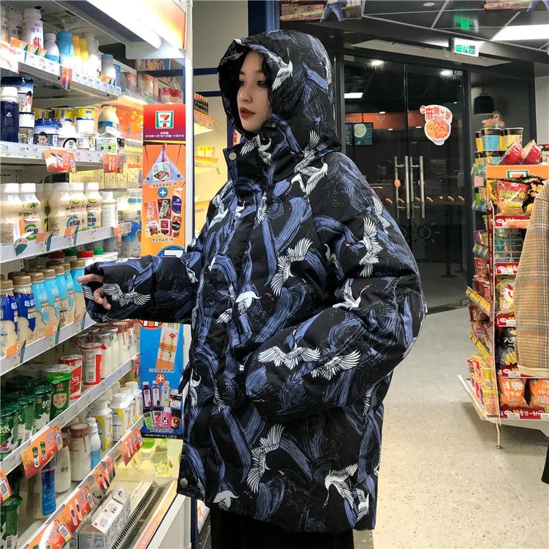 Woherb Harajuku куртки зимняя женская стеганая парка винтажный кран печати свободная японская стеганая куртка с капюшоном Femme Chaqueta Mujer
