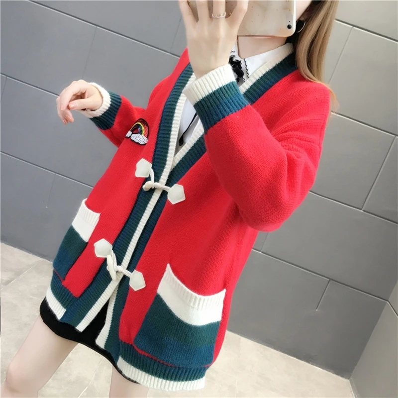 

Women Autumn Winter Long Sleeves Knitted Cardigan Sweater Double-breasted Horn Button Stitching Color Casual Coat Mid-length Loo