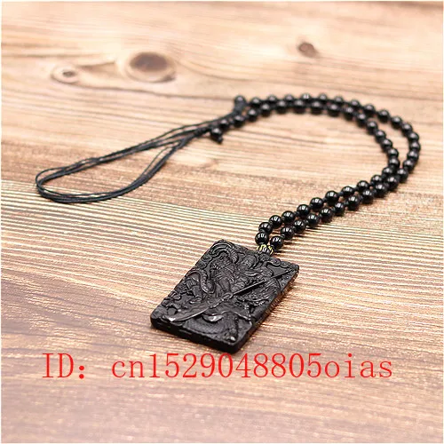 

Natural Black Obsidian Dragon Warrior Pendant Beads Necklace Fashion Charm Jewellery Carved Guangong Amulet Gifts for Women Men