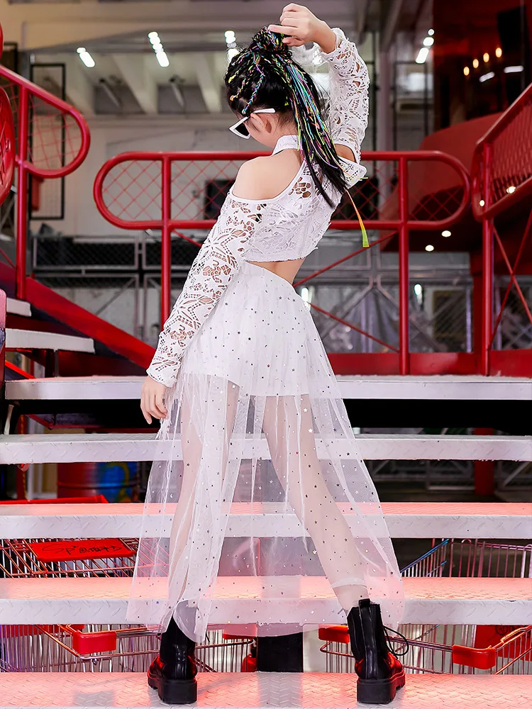 

White Jazz Dance Costumes Girl Hiphop Street Dance Stage Performance Clothing Rave Outfit Modern Dance Practice Wear Set 120-170
