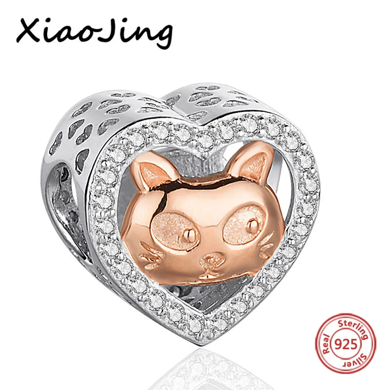 XiaoJing, 925, Серебряное сердце, розовое золото, бусина "Кошка", Шарм с фианитами, подходит для аутентичных браслетов pandora, сделай сам, ювелирное изделие для любимой, подарок