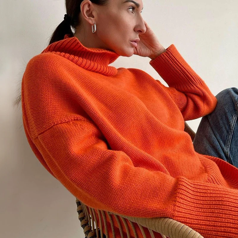 

Women's Knitted Sweater Green Elegant Turtleneck Oversized Casual Pullover Women Vintage Orange Warm Winter Sweaters for Women