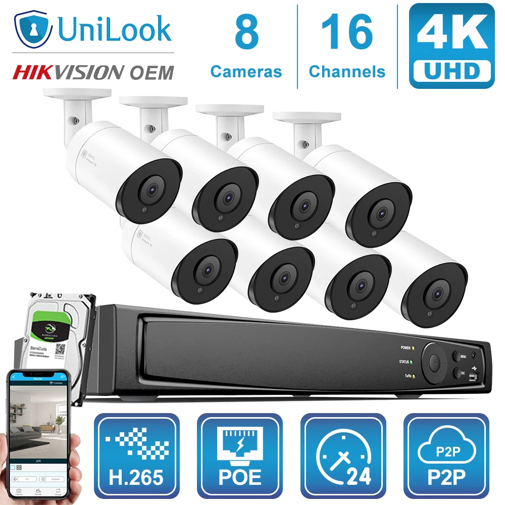UnILook 16CH NVR 8/10/12/16Pcs 4K 8MP Bullet POE IP Camera Kit Security CCTV Audio Night Vision 30m H.265 P2P View | Безопасность и