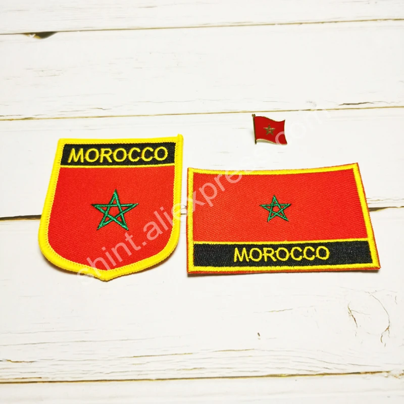 

Morocco National Flag Embroidery Patches Badge Shield And Square Shape Pin One Set On The Cloth Armband Backpack Decoration