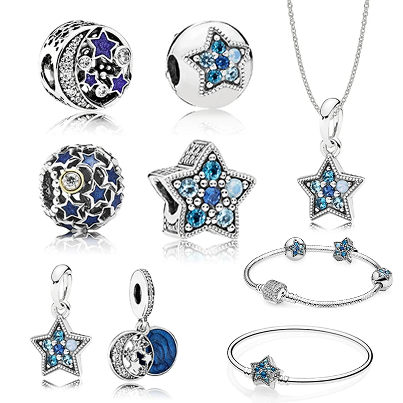 

100% 925 Sterling Silver pandora 1:1 Vintage Night Sky Bright Star Pendant Beaded HANGING CHARM CLIP Necklace Set