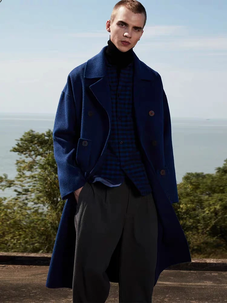 

Men's Woolen Overcoat Solid Blue England Style Custom Loose Double Breasted Warm Mid-Length Trench Coat Male Thick Jacket