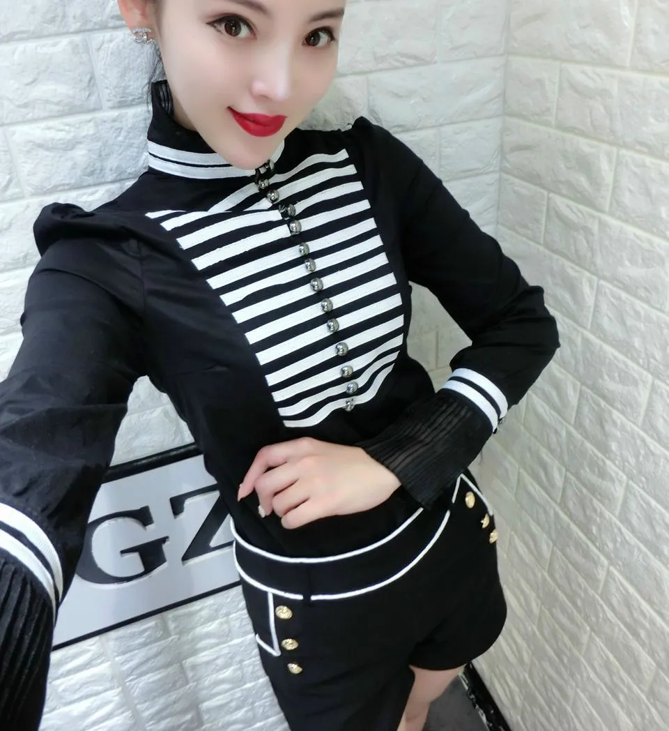 Женская хлопковая рубашка в полоску с длинным рукавом и воротником стойкой|cotton