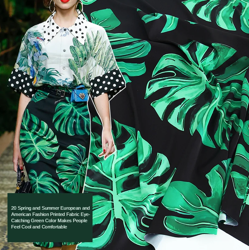 145*100 см весенне-летняя мода черный фон зеленые листья черепаха бамбук  принт стрейч Атлас одежда ткань ручной работы | AliExpress