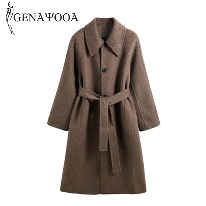 

Genayooa Autum Winter Office Ladies Long Wool Coat For Women 2020 Warm Minimalist Slim Elegant Overcoat With Belt Korean Fashion