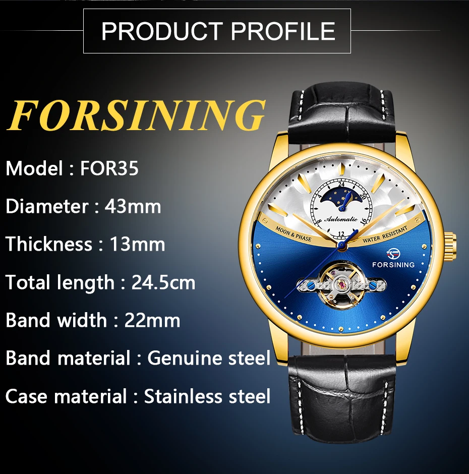 Forsining Tourbillon синие автоматические часы мужские классические Moonphase Дизайн Натуральная кожа Ремешок Водонепроницаемый Бизнес наручные часы подарок