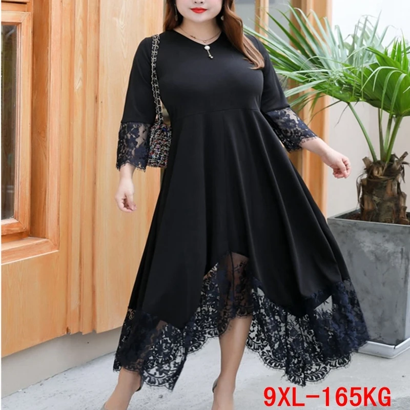 

Large size women's dress lace stitching plus size 4XL 5XL 8XL 9XL spring round neck long sleeve loose large stretch black dress