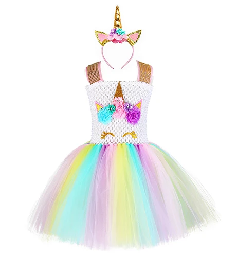 dress with a set Цветок Единорог девушки юбка-пачка платье для новорожденного ребенка Дети пушистые принцесса день рождения платья детский Карнавальный костюм для конкурса наборы - Цвет: dress with a set