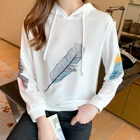 casual sweatshirts 2021 autumn new style korean feather embroidery long sleeved hooded white sweatshirts women loose top 873c