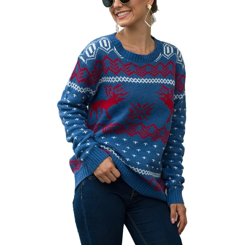 

Autumn and winter new christmas women's sweater snowflake deer jacquard long sleeve sweate