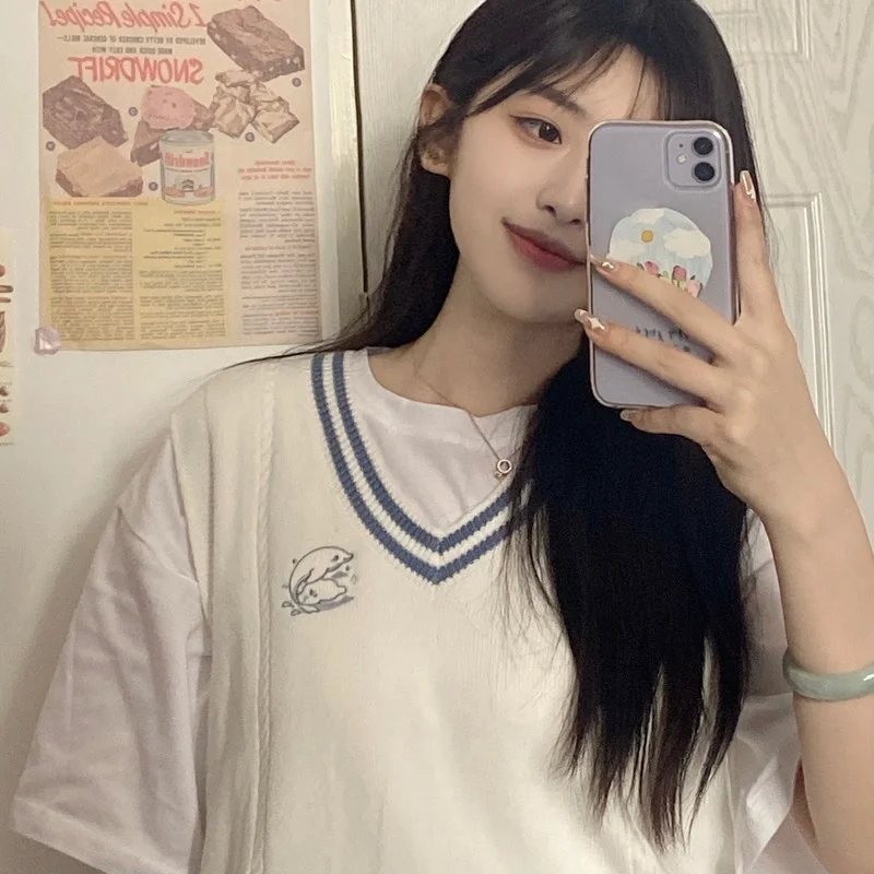 

Harajpoo Female Vest Spring Summer 2021 New Korean Version INS Retro White V-neck Cattoon Printing Wild Loose Bf Students Tops