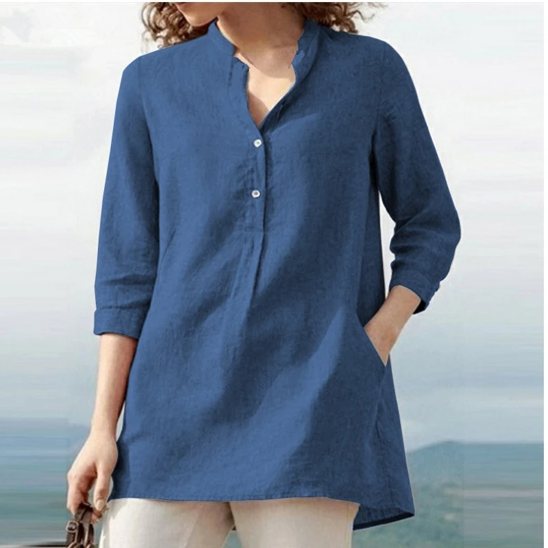 

Summer Half Sleeve Casual Clothing S-5XL Women Blouses Cotton Linen Shirt Loose Basic Style Solid Plus Size Shirts Tops