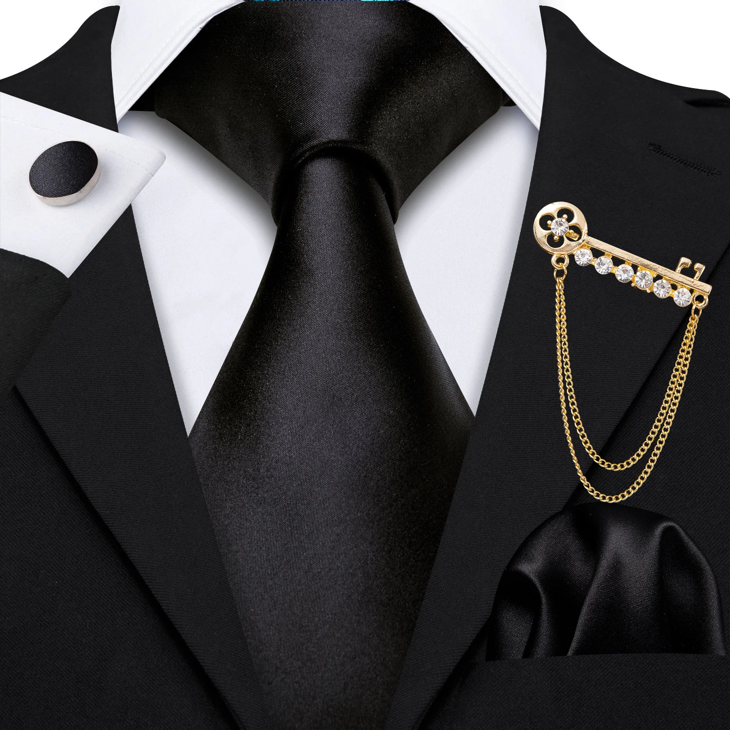 

New Fashion Men Tie Brooch Set Black Striped Jacquard Silk Tie Necktie Handkerchief Cravat For Wedding Party Barry.Wang N-5263