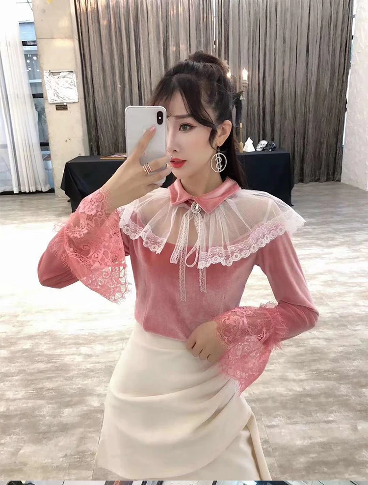 

fashion brand lace mesh velour shirts hollow out sweet style flare sleeve women blouses long sleeve blusas mujer de moda new
