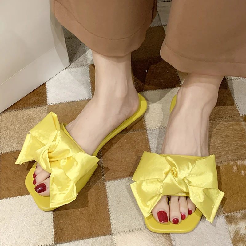 Rimocy Red Sexy Silk Satin Bow Slippers Woman Comfortable Low Heel Summer Slides Women Fashion Soft Bottom Sandals Female 2020 | Обувь