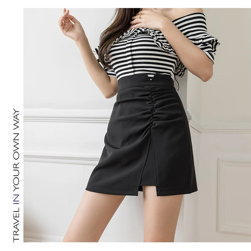 

Summer 2021 New Temperament High Waisted Asymmetric pleat Design Fork Skirt Women Fashion Casual Black White Sexy Skirt Female