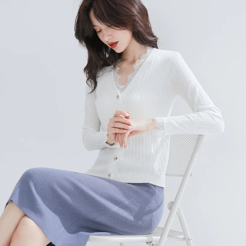 

clothing Korean-style autumn sweater women's clothing outer wear slim fit lace stitching knitted cardigan coat for women