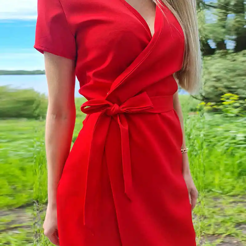 

Dabourfeel Women Sashes Waisted Casual Knee Dress Lady Sexy V neck Solid Elegant Robe Dress Female Casual Dress Vestidos Festa