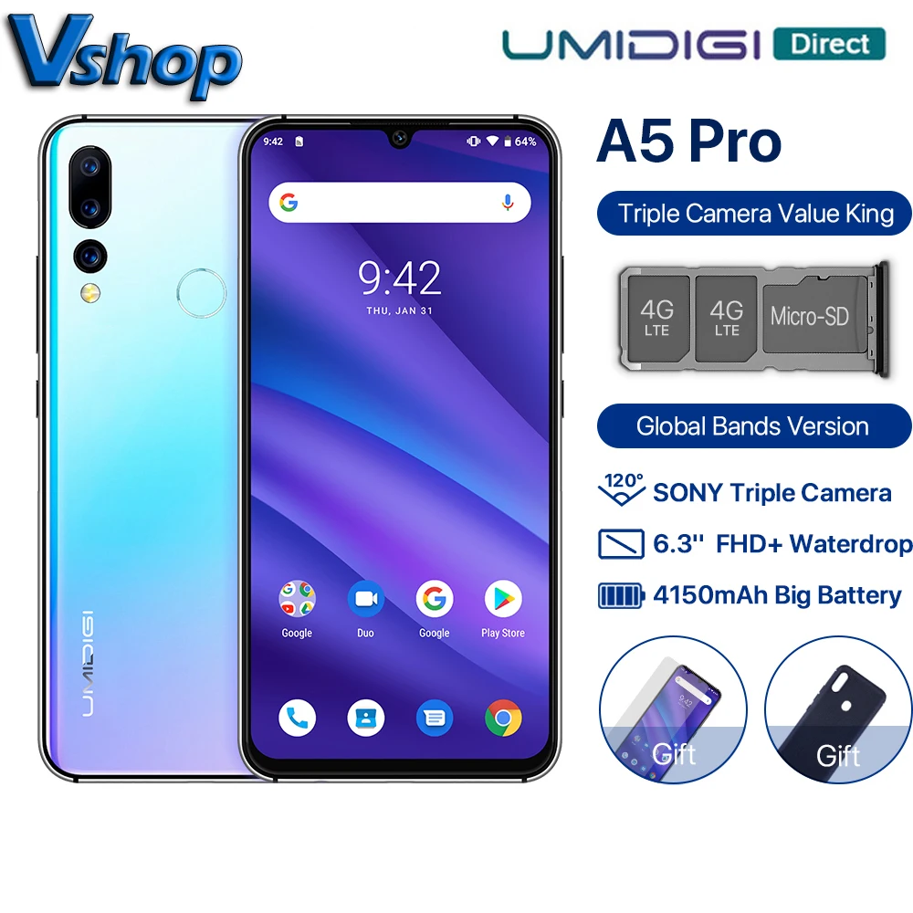 Восьмиядерный мобильный телефон UMIDIGI A5 PRO Android 9,0 с глобальной версией, 6,3 'FHD+ 16 Мп, тройная камера 4150 мАч, 4 Гб ОЗУ, 32 Гб ПЗУ, смартфон