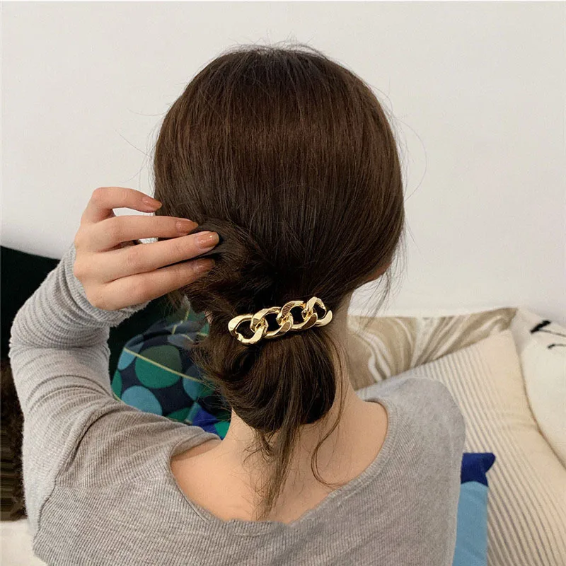

2021 New Simple Gold Silver Color Metal Chain Punk Exquisite Hair Rope Ponytail Holder Hair Accessories for Women Girls